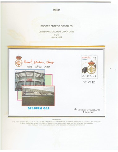 FA9325. HISTORIA POSTAL. 2002, 22 de marzo. Centenario del Real Unión Club. Irun