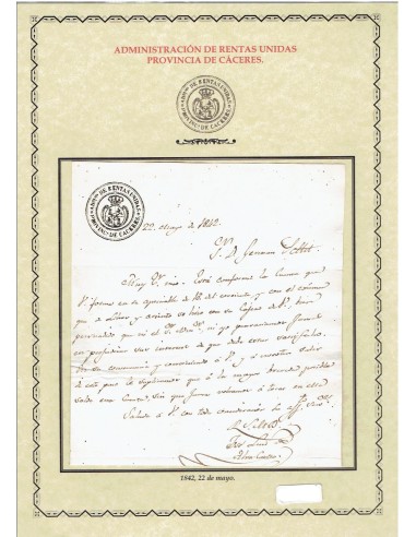 FA9003. HISTORIA POSTAL. 1842, Correo oficial de la Administración de Rentas Unidas de la Provincia de Cáceres