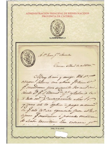 FA9004. HISTORIA POSTAL. 1844, Correo oficial de la Administración Principal de Bienes Nacidos de la Provincia de Cáceres