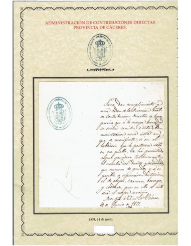 FA9006. HISTORIA POSTAL. 1851, Correo oficial de la Administración de Contribuciones Directas de la Provincia de Cáceres