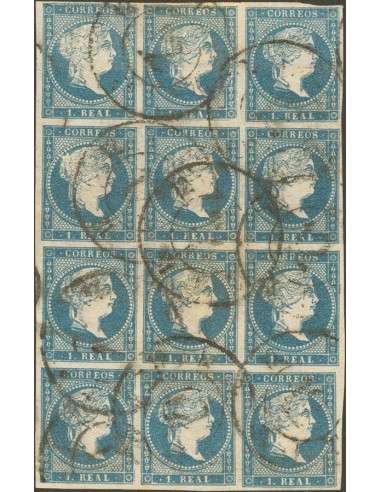 Asturias. Filatelia. º49(12). 1856. 1 real azul, bloque de doce. Matasello R. CARRETA Nº12. MAGNIFICO.