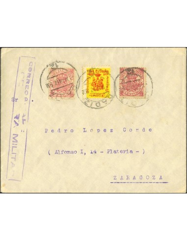 Andalucía. Historia Postal. Sobre . 1937. 15 cts MOVIL, dos sellos. CADIZ a ZARAGOZA. MAGNIFICA Y RARA.
