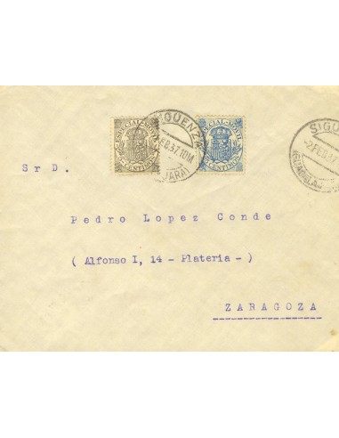 Castilla-La Mancha. Historia Postal. Sobre . 1937. 5 cts MOVIL, 10 cts MOVIL. SIGÜENZA a ZARAGOZA. MAGNIFICA Y RARA.
