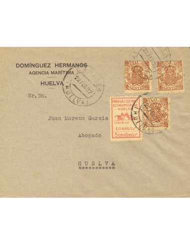 Andalucía. Historia Postal. Sobre Fis 26(3). 1937. 10 cts MOVIL, tres sellos. CARTAYA a HUELVA. MAGNIFICA Y RARA.