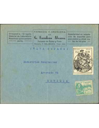 Castilla y León. Historia Postal. Sobre Fis 17. 1937. 15 cts POLIZA. SALAMANCA a SEVILLA. Al dorso llegada. MAGNIFICA.