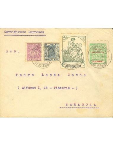 Andalucía. Historia Postal. Sobre Fis 28, 19. 1938. 5 cts MOVIL, 25 cts POLIZA. JEREZ DE LA FRONTERA a ZARAGOZA. MAGNIFICA.
