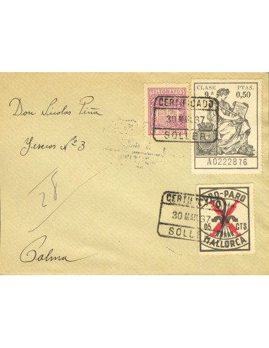 Islas Baleares. Historia Postal. Sobre Fis 21. 1937. 50 cts negro POLIZA. SOLLER a PALMA. Al dorso llegada. MAGNIFICO Y RARO F