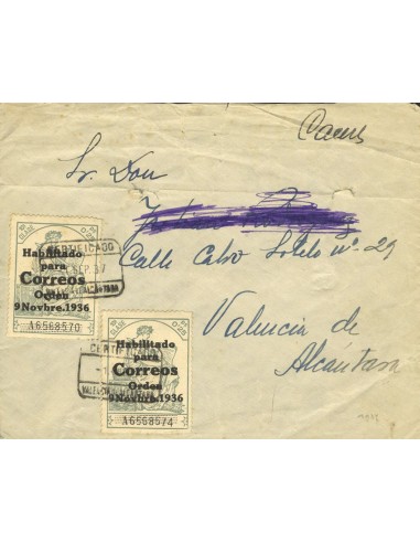 Extremadura. Historia Postal. Sobre . 1937. 25 cts verde, dos sellos HABILITADOS. Dirigida a VALENCIA DE ALCANTARA. MAGNIFICA.