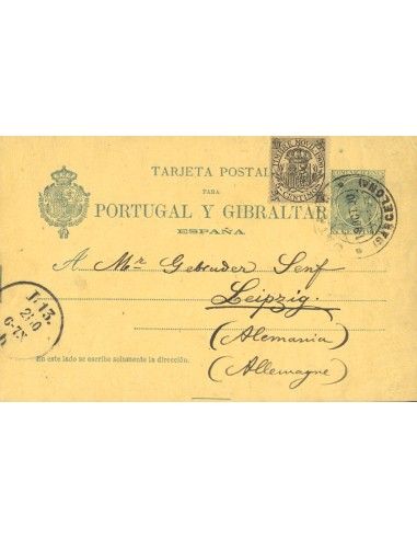 Fiscal. Sobre EP34, Fis. 1900. 5 cts MOVIL y 5 cts tarjeta Entero Postal de BARCELONA a ALEMANIA. MAGNIFICA Y RARISIMA.
