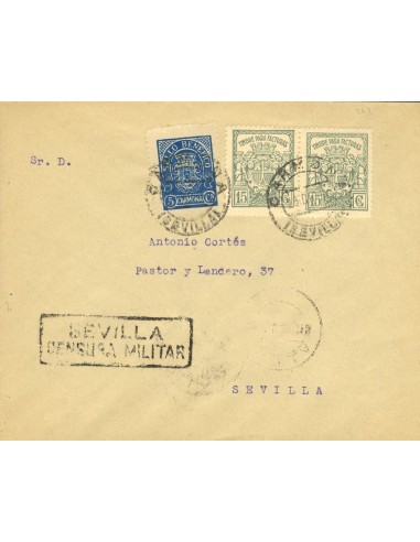 Andalucía. Historia Postal. Sobre Fis 14(2). 1936. 15 cts, pareja FACTURAS. CARMONA a SEVILLA. Al dorso llegada. MAGNIFICA.