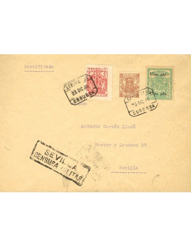 Andalucía. Historia Postal. Sobre Fis 26, 20. 1936. 10 cts MOVIL y 1 pts FACTURAS. CORDOBA a SEVILLA. Al dorso llegada. MAGNIF