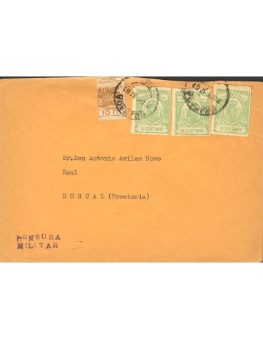 Fiscal. Sobre Fis 1(13). 1937. 10 cts, tres sellos FACTURAS. GRANADA a DURCAL. MAGNIFICA.