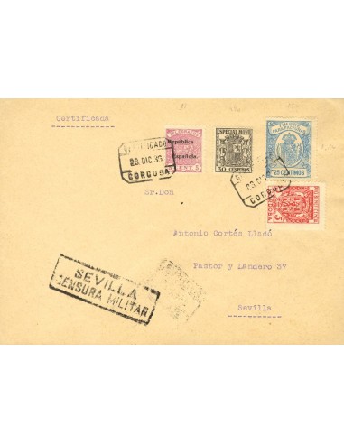 Andalucía. Historia Postal. Sobre Fis 3. 1936. 25 cts azul FACTURAS. CORDOBA a SEVILLA. Al dorso llegada. MAGNIFICO Y ESPECTAC