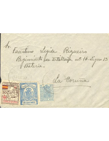 Galicia. Historia Postal. Sobre Fis 28, 3. 1937. 5 cts MOVIL, 25 cts azul FACTURAS. Dirigida a CORUÑA. MAGNIFICA.