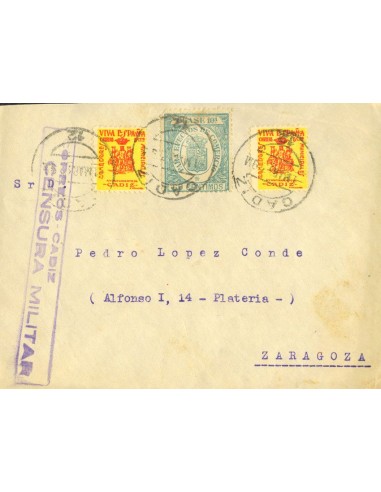 Andalucía. Historia Postal. Sobre Fis 4. 1937. 60 cts verde EFECTOS DE COMERCIO. CADIZ a ZARAGOZA. MAGNIFICA Y RARA.