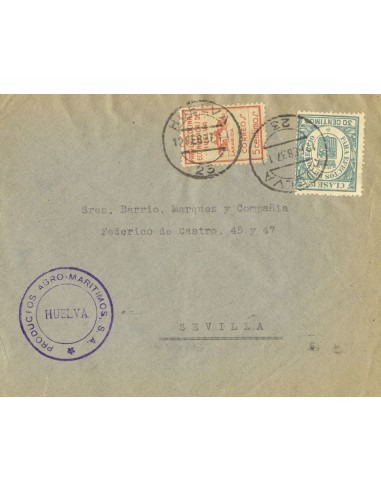 Fiscal. Sobre Fis 19. 1937. 30 cts verde EFECTOS DE COMERCIO. HUELVA a SEVILLA. MAGNIFICA Y RARA.