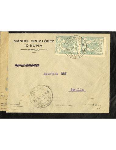 Andalucía. Historia Postal. Sobre Fis 2(2). 1936. 15 cts, pareja FACTURAS. OSUNA a SEVILLA. Al dorso llegada. MAGNIFICA.