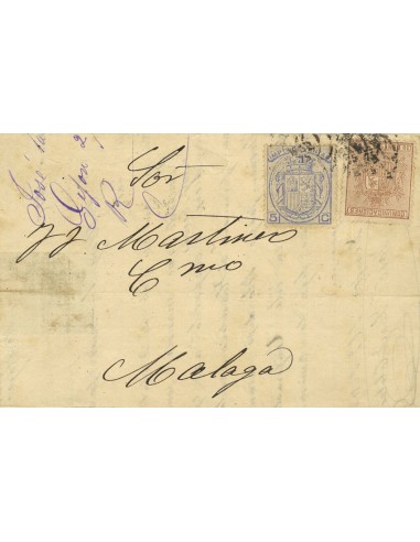 Asturias. Historia Postal. Sobre 153, Fis 2. 1875. 10 cts y 5 cts IMPUESTO DE VENTA. GIJON a MALAGA. MAGNIFICA Y RARO USO DE U