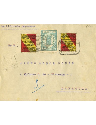 Andalucía. Historia Postal. Sobre Fis 3. 1937. 40 cts EFECTOS DE COMERCIO. GRANADA a ZARAGOZA. Al dorso llegada. MAGNIFICA Y R