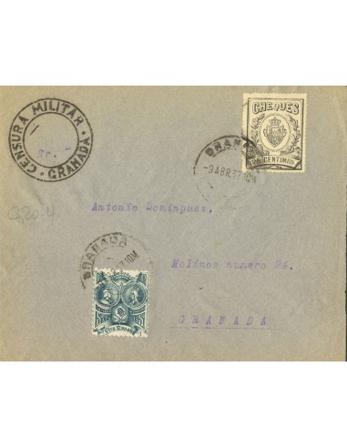 Andalucía. Historia Postal. Sobre Fis 15. 1937. 25 cts negro CHEQUES, Correo Interior de GRANADA. Al dorso llegada. MAGNIFICA.