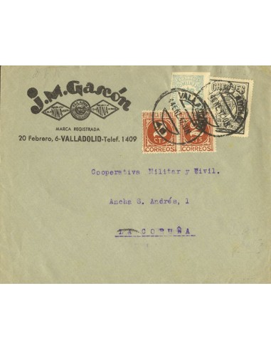 Castilla y León. Historia Postal. Sobre 677, 731(2), Fis 14. 1937. 1 cts, 2 cts pareja, 30 cts CHEQUES. VALLADOLID a CORUÑA. M
