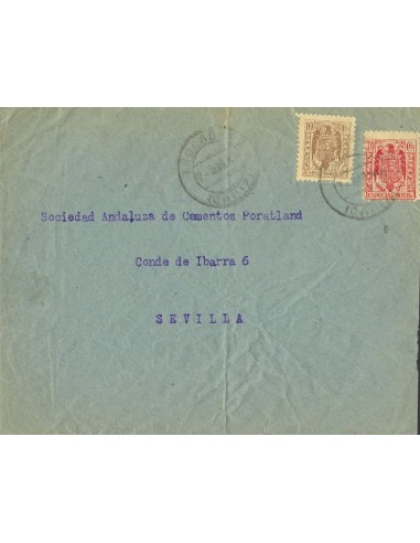 Andalucía. Historia Postal. Sobre Fis 102, 106. 1940. 10 cts castaño y 30 cts carmín MOVILES. TROCADERO a SEVILLA. Al dorso tr