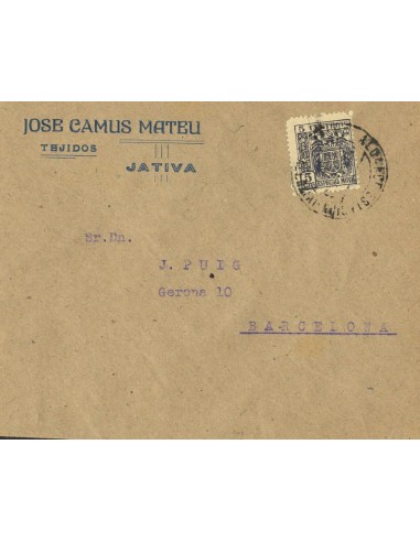 Comunidad Valenciana. Historia Postal. Sobre . 1938. 5 cts negro MOVIL. JATIVA a BARCELONA. MAGNIFICA CON RARO SELLO SIN CATAL