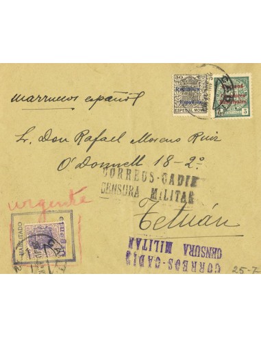 Andalucía. Historia Postal. Sobre Fis 45. 1937. 30 cts negro MOVIL y sello HABILITADO / URGENTE. Certificado de CADIZ a TETUAN