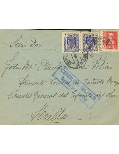 Andalucía. Historia Postal. Sobre 856, Fis 101(2). 1939. 5 cts azul, pareja MOVIL y 30 cts rojo. SAN LUCAR DE BARRAMEDA a SEVI