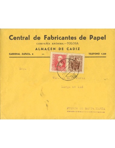 Andalucía. Historia Postal. Sobre 856, Fis 102. 1939. 10 cts castaño MOVIL y 30 cts rojo. CADIZ a PUERTO DE SANTA MARIA. MAGNI
