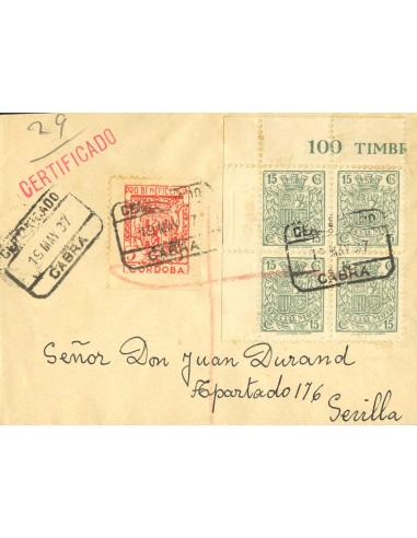 Andalucía. Historia Postal. Sobre Fis 89(4). 1937. 15 cts verde, bloque de cuatro MOVIL. Certificado de CABRA a SEVILLA. MAGNI