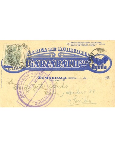 País Vasco. Historia Postal. Sobre Fis 89. 1937. 15 cts verde MOVIL. Tarjeta postal de ZUMARRAGA a SEVILLA. Al dorso llegada.