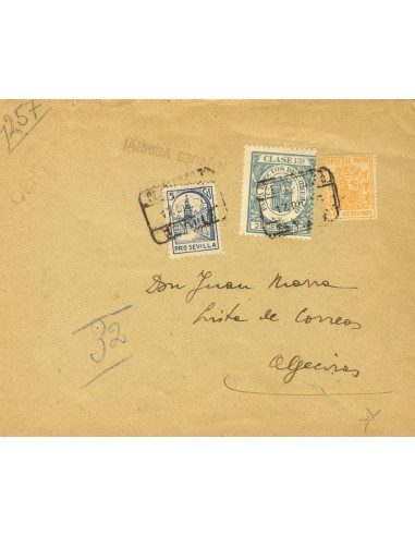 Andalucía. Historia Postal. Sobre Fis 56, 24. 1936. 40 cts naranja MOVIL y 20 cts verde COMERCIO. SEVILLA a ALGECIRAS. MAGNIFI