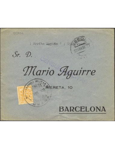 Andalucía. Historia Postal. Sobre Fis 56. 1939. 40 cts naranja MOVIL. UBEDA a BARCELONA. Matasello COMANDANCIA MILITAR / UBEDA