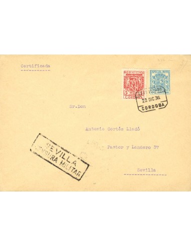 Andalucía. Historia Postal. Sobre Fis 58. 1936. 60 cts azul MOVIL. Certificado de CORDOBA a SEVILLA. Al dorso llegada. MAGNIFI