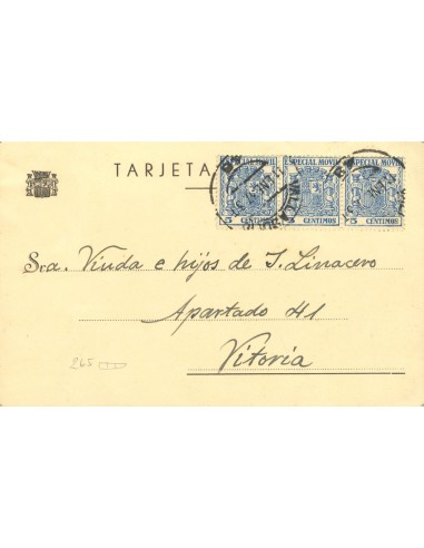 Castilla y León. Historia Postal. Sobre Fis 49(3). 1937. 5 cts azul , tira de tres MOVIL. Tarjeta postal de VALLADOLID a VITOR