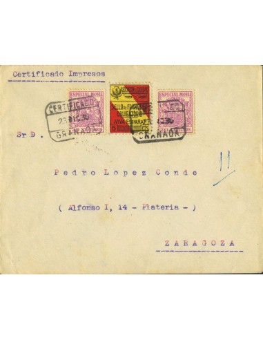 Andalucía. Historia Postal. Sobre Fis 52(2). 1936. 20 cts lila, dos sellos MOVILES. Certificado de GRANADA a ZARAGOZA. Al dors