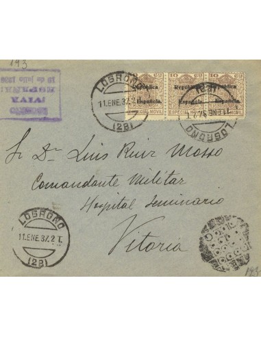 La Rioja. Historia Postal. Sobre Fis 41(3). 1937. 10 cts castaño, tira de tres MOVILES. LOGROÑO a VITORIA. MAGNIFICA.