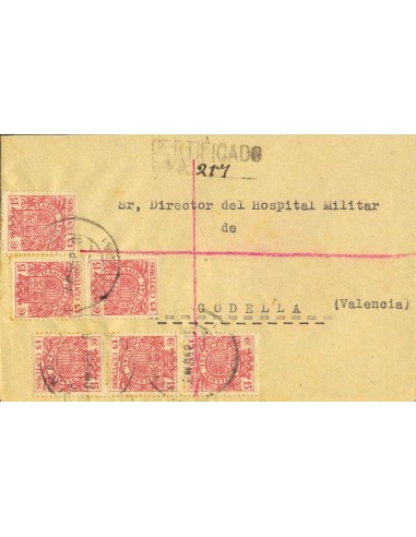 Cataluña. Historia Postal. Sobre Fis 66(6). 1938. 15 cts rosa, seis sellos MOVILES. Certificado de LERIDA a GODELLA. MAGNIFICA