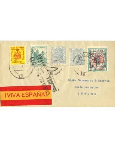 Andalucía. Historia Postal. Sobre Fis 28(2), 15. 1937. 5 cts azul, dos sellos, MOVILES y 20 cts sobre 20 cts verde COMERCIO. C