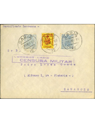 Fiscal. Sobre Fis 33(4). 1937. 25 cts azul, dos sellos, MOVIL. Certificado de CADIZ a ZARAGOZA. MAGNIFICA.