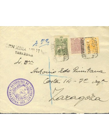 Aragón. Historia Postal. Sobre Fis 32, 56. 1937. 20 cts y 40 cts naranja MOVILES. Certificado de TARAZONA a ZARAGOZA. Al dorso