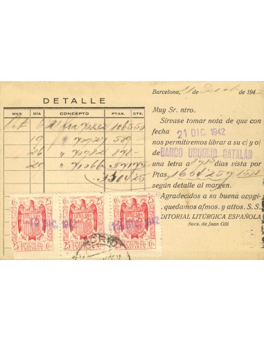 Fiscal. Sobre . 1942. 25 cts rojo, tira de tres sellos FACTURAS Y RECIBOS. Tarjeta postal de BARCELONA a MADRID. MAGNIFICA Y N