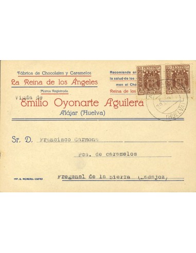 Andalucía. Historia Postal. Sobre . 1943. 10 cts castaño, pareja MOVIL. Tarjeta postal de ALAJAR a FREGENAL DE LA SIERRA. MAGN