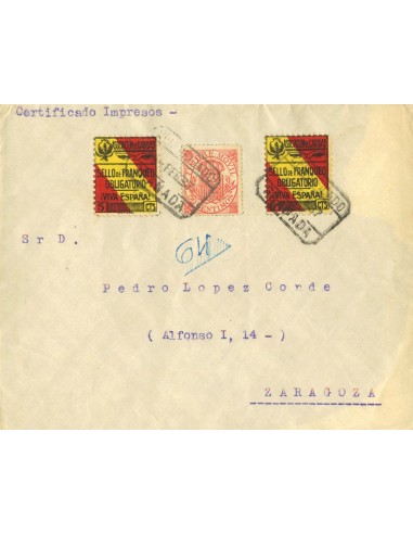 Fiscal. Sobre . 1937. 50 cts rojo MOVIL. Certificado de GRANADA a ZARAGOZA. Al dorso llegada. MAGNIFICA.