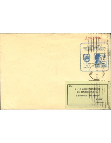 Entero Postal Privado. Sobre . 1933. 40 cts azul sobre entero postal privado. MADRID a PARIS. MAGNIFICO.