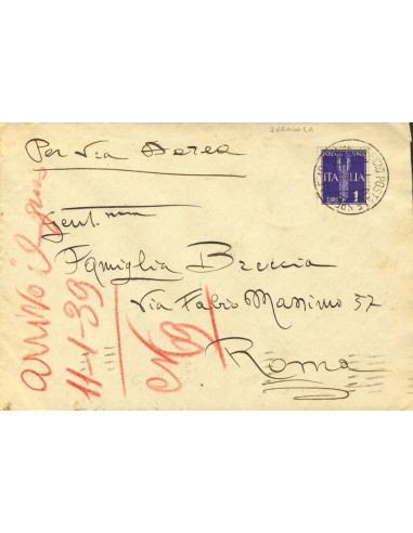Guerra Civil. Voluntario Italiano. Sobre . 1937. 1 lira. Carta aérea de ZARAGOZA a ROMA. Matasello UFFIº. POSTALE SPECIALE 10,