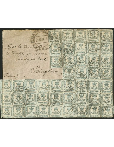 Alfonso XII. Sobre 173(25). 1904. 1/4 cuartos, cien sellos en anverso y reverso. PALMA DE MALLORCA a KINGSTOWN. Al dorso llega