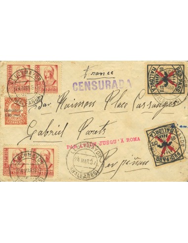 Guerra Civil. Bando Nacional. Sobre 823(4). 1937. 30 cts, cuatro sellos, 5 cts sobre 2 cts, E.L.P. BALEARES y 5 cts, dos sello