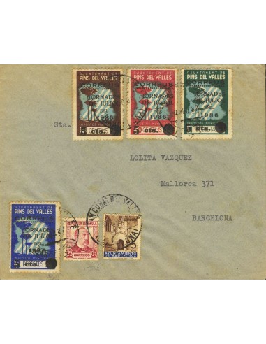 Guerra Civil. Locales. Sobre 685. 1937. 25 cts carmín, 5 cts Ayto. Barcelona y cuatro sellos locales PINS DEL VALLES. PINS DEL